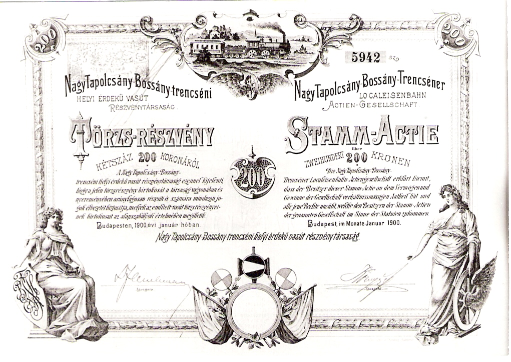  Faximile kmeňovej akcie č. 5942 železnice Trenčín - Bošany - Topoľčany z januára 1900 v hodnote 200 korún. Repro R. Rebro, Trenčianske múzeum. 130 x 90 