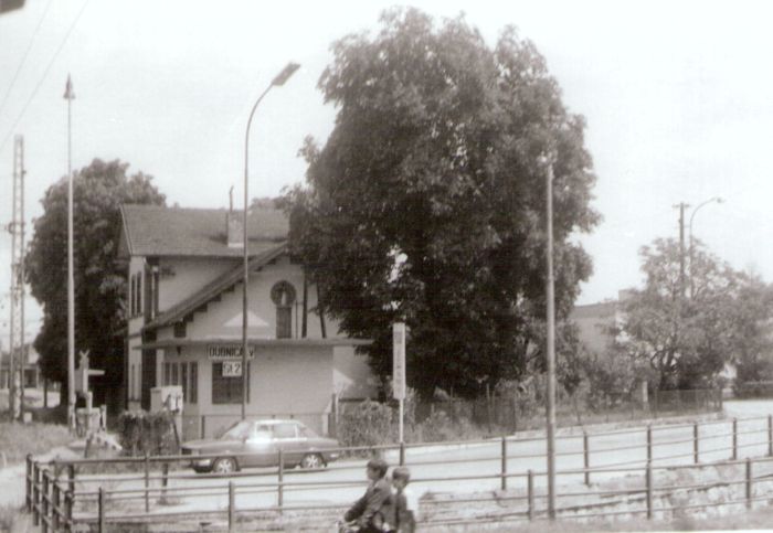  Dubnica nad Váhom - stará výpravná budova. Pohľad v osi koľaje na bočné priečelie budovy od Trenčína. Foto: J. Kubáček, 13.8.1994. 181 x 121 