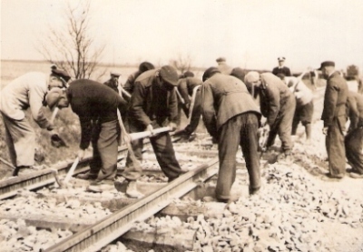  Skupina robotníkov pri ručnom podbíjaní trate. Text: Pracovné brigády železničiarov na stavbe Trate Mieru, Lučenec - Opatová. Anon., cca 1950. 115 x 80 