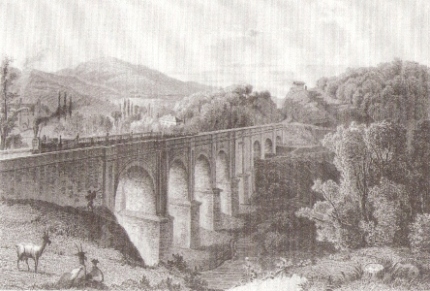  Červený most pri Bratislave s parným vlakom. L. Rohbock, F. Hablitschek (faksimile z oceľorytiny, originál v GMB Bratislava), cca 1855. 165 x 114 