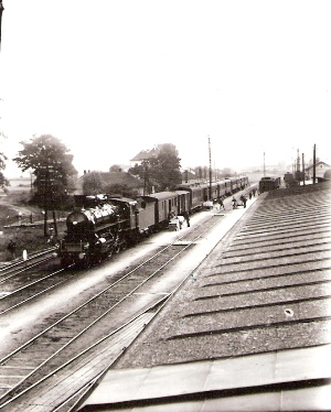  Trenčín, stará stanica. Pohľad zo strechy stanice na os. vlak s 374.0. Nakladanie balíkov, ľudia na peróne, vzadu posun s nákl. vozňami. Anon., cca 1930, 88 x 107 