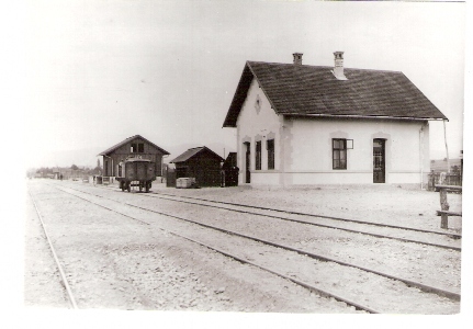  Svinná - výpravná budova, sklad, búdka toaliet, koľajisko s plechovým vyskostenným vozňom. Foto: Lieszkovský, 1901. 127 x 90, 