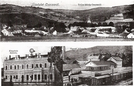  Čadca - koľajisko s náklad. vozňami a parným rušňom IIb alebo IIIb KsOd. Výpravná budova, sklad, vzadu mesto. Xerox. kópia. Anon., cca 1910. 134 x 75 