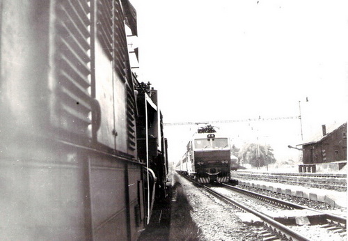  Malacky ? - Rýchlik s 350 009-7 prechádza stanicou, Vpravo budova skladu, vľavo konvoj 477.013 + 1 Ci, ťahané S 458.0041. Foto: Z. Piešová, 1989. 180 x 130 