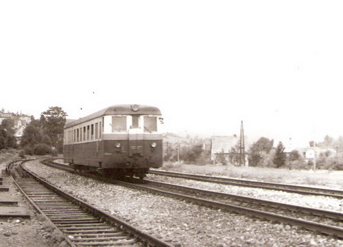  Skalité - motorový vozeň M 262.0 (pohľad v smere na Čadcu). Koľajisko, obytné domy dediny, vľavo osvetľ. stožiar. Foto: Z. Piešová, 1985. 130 x 90 