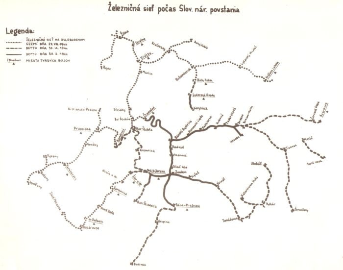  Mapa železničnej siete povstaleckého územia počas SNP. 280 x 192. Fotokópia 