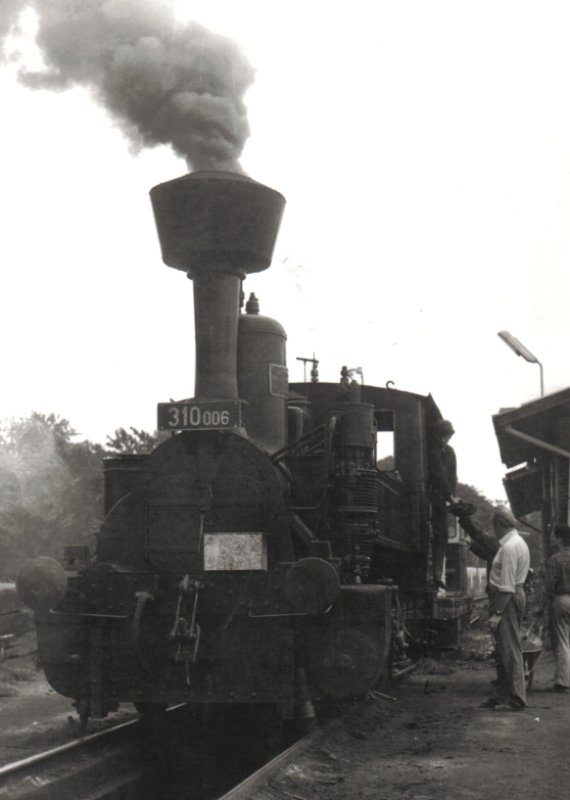  Parný rušeň 310.006 pri zbrojení uhlia v Jaroměři. Pohľad zpredu. Foto: O. Čížek, 29.7.1989. 120 x 170 