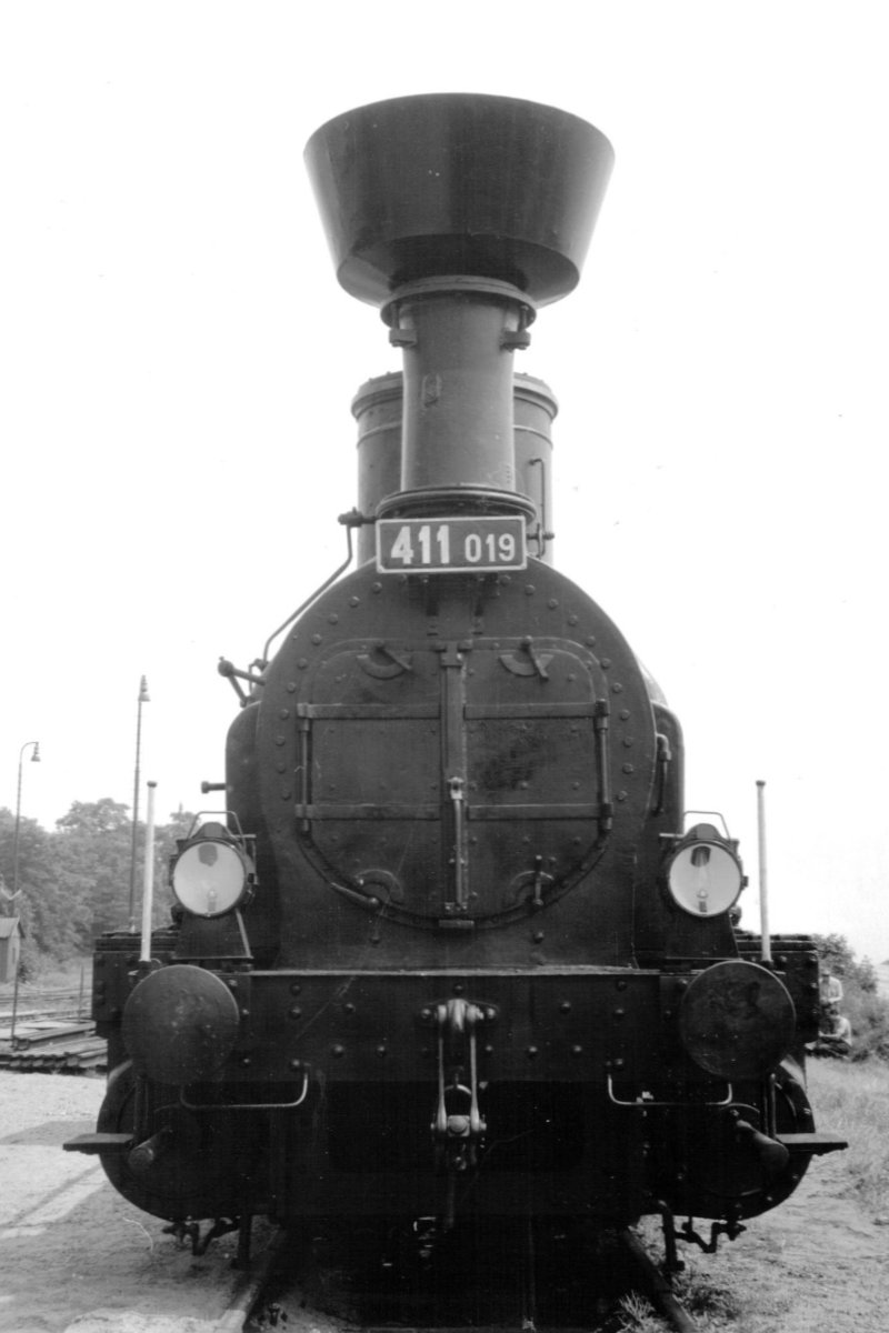  Parný rušeň 411.019 v žst. Mšeno. Pohľad zpredu. Anon., 27.6.1981. 120 x 172 