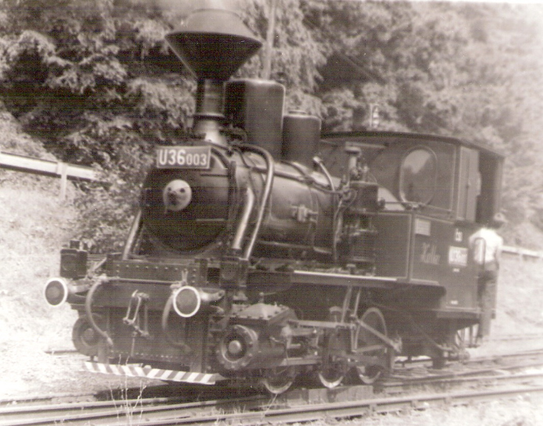  Úzkorozch. parný rušeň U 36.003 v Košiciach (zhlavie spodnej stanice v Čermeľskom údolí). Pohľad zľava zpredu. Vzadu les a cesta so zvodidlami na násype. Anon., 8.1991. 150 x 108 