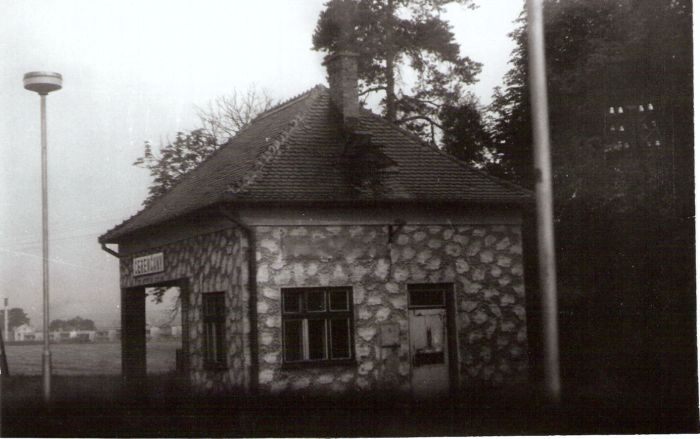  Čerenčany - výpravná budova. Šikmý pohľad zo strany koľají od Tisovca. Na streche veľké zvonkové návestidlo na 4 nohách. Foto: J. Kubáček, 1.8.1992. 180 x 125 