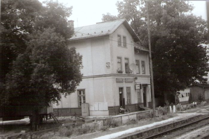  Dolný Hričov - výpravná budova. Šikmý pohľad zo strany koľají od Púchova. Foto: J. Kubáček, 13.8.1994. 180 x 130 