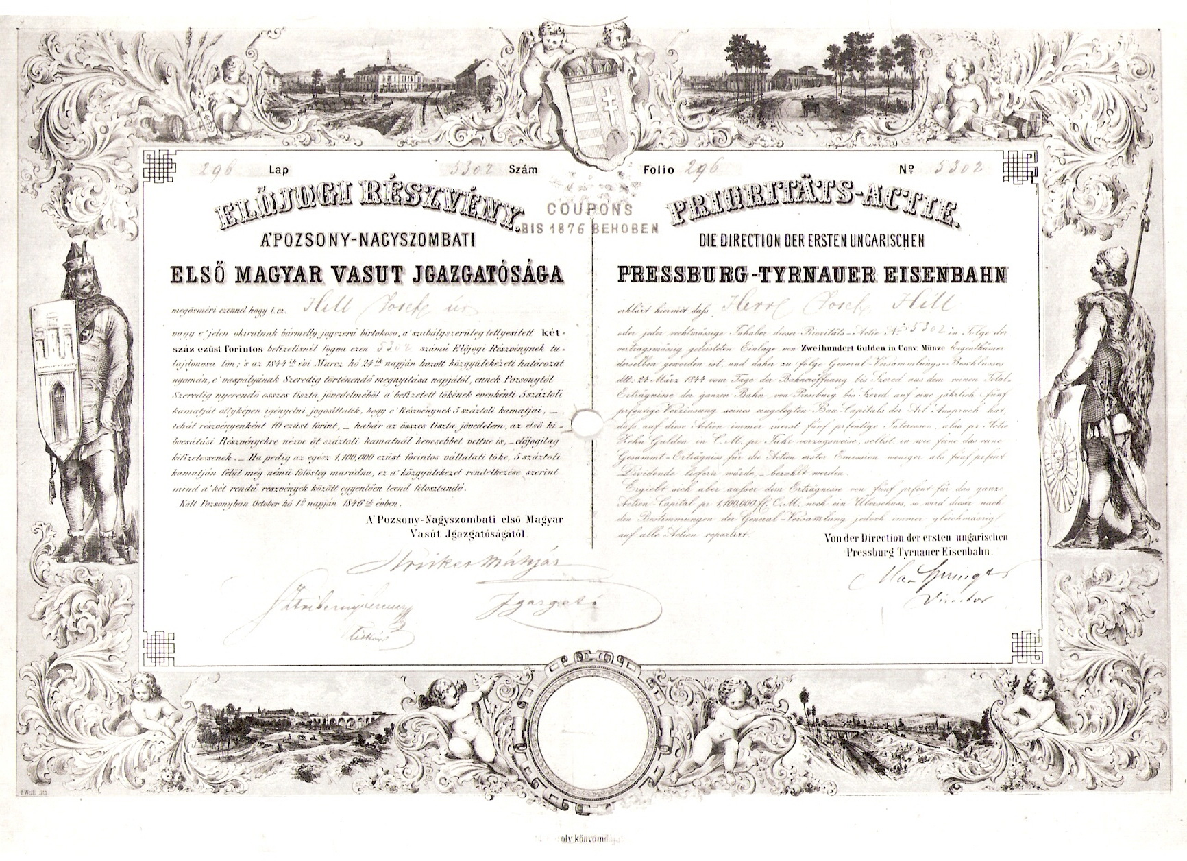  Faximile prioritnej akcie č. 5302 konskej železnice Bratislava - Trnava z 1.10.1846 v hodnote 200 zl. konv. meny. Repro: Anon, Trenčianske múzeum. 230 x 153 