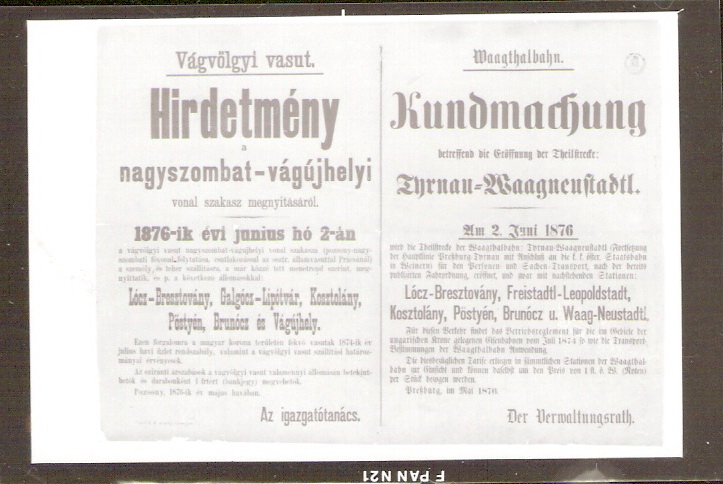  Faximile oznamu o otvorení prevádzky na trati Trnava - Nové Mesto nad Váhom Považskej železnice z mája 1876. Repro: V. Gloss, Trenčianske múzeum. 82 x 56 