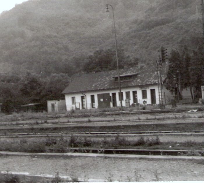  Hronská Dúbrava - pravdepodobne výpravná budova úzkorozchodnej železnice. Šikmý pohľad zo strany koľají od Levíc. Foto: J. Kubáček, cca 1993. 179 x 124 