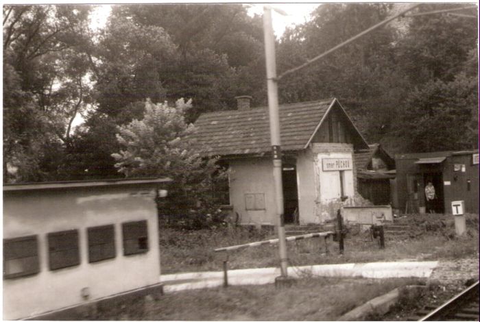  Veľká Kotešová - výpravná budova. Šikmý pohľad zo strany koľají od Púchova. Priecestie s jednodrôtovými závorami. Foto: J. Kubáček, 13.8.1994. 183 x 122 