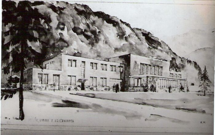  Kraľovany - výpravná budova. Šikmý pohľad z predstaničného priestoru od Žiliny. Architektonický návrh arch. Pribíka z roku cca 1950 - fotokópia. 112 x 83 