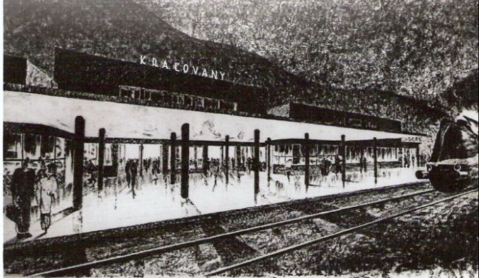  Kraľovany - výpravná budova. Šikmý pohľad zo strany koľají od Ružomberka. Architektonický návrh arch. Pribíka z roku cca 1950 - fotokópia. 113 x 80 