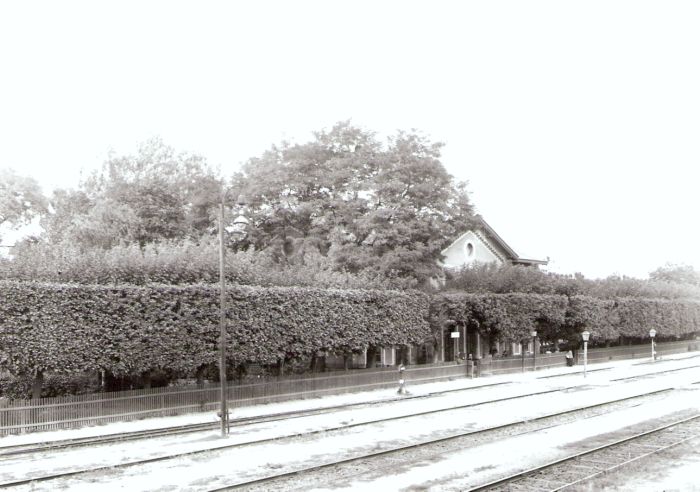  Sládkovičovo (Nemecký Dioseg) - výpravná budova. Šikmý pohľad zo strany koľají od Bratislavy. El. osvetľovcaie stožiare, stĺpiky pre petrolej. lampy, výhybky s kruh. lampami. Foto: Anon., cca 1930. 176 x 126 