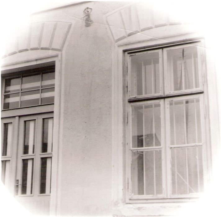  Stupava - výpravná budova. Čelný pohľad zo strany koľají na vstupné dvere a vedľajšie okno. Foto: J. Kubáček, cca 1995. 122 x 120 