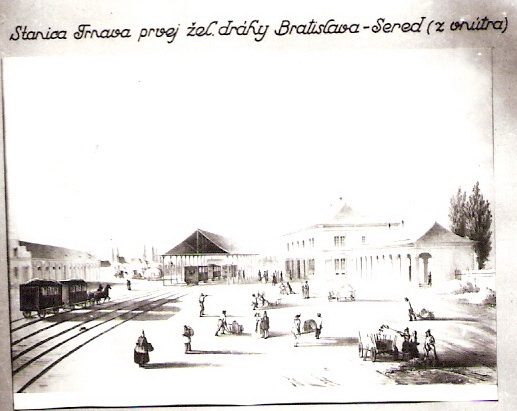  Trnava - koľajisko a budovy konskej železnice. Pohľad v osi koľaje. Obraz, cca 1850, repro: Anon. 62 x 45 