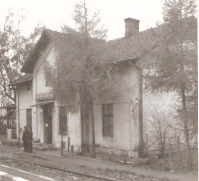  Tekovský Hrádok - výpravná budova. Šikmý pohľad zo strany koľají od Levíc. Foto: J. Kubáček, 14.11.1995. 100 x 100 