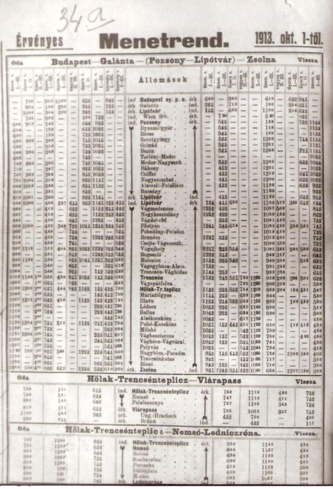  Cestovný poriadok pre trať Budapest - Galanta - Žilina, Tenč. Teplá - Vlársky priesmyk a Nemšová - Lednické Rovne z r. 1913. Fotokópia, repro I. Halaša, Trenč. múzeum. 90 x 128 