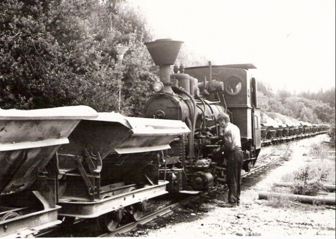  Úzkorozch. parný rušeň č. 3 priem. dráhy v Mladějove so súpravou plech. huntíkov pri križovaní s druhým vlakom huntíkov. Pohľad zľava zpredu. Rušňovodič pri ošetrení rušňa. Foto: J. Kubáček, cca 1975. 127 x 89 