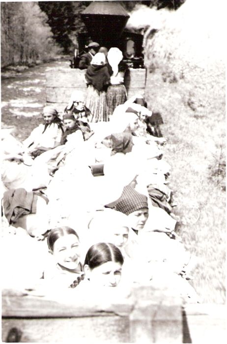  Lesná železnica Podbiel (?). Pohľad v osi koľaje na ženy v krojoch na plošinovom vozni. Na jeho odľahlej strane parný rušeň s kužeľovým baňatým komínom. Foto : Anon., cca 1940., 80 x 123 