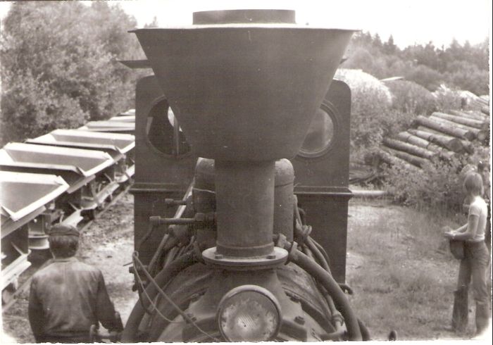  Úzkorozch. parný rušeň č. 3 priemyslenej dráhy v Mladějove. Pohľad zpredu na komín, vrch kotla a kabínu. Vpravo súprava plechových huntíkov. Foto: J. Kubáček, cca 1975. 128 x 90 