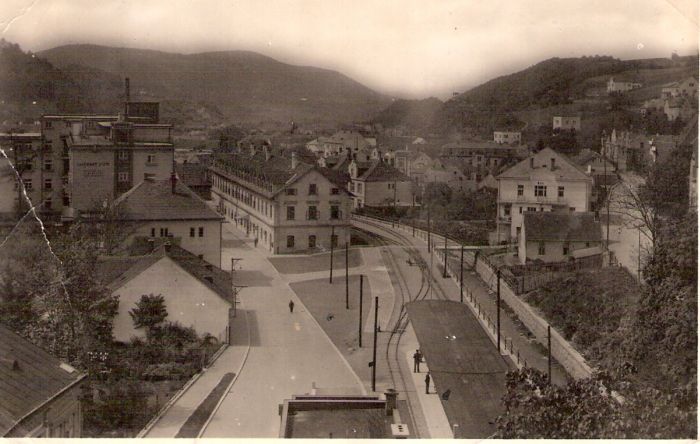  Trenčianske Teplice - panoramatický pohľad. Vpravo dole koľajisko stanice el. železnice s krytým perónom, v strede hotel Garni, vľavo Liečebňa nemocenskej pokladnice štátnych železníc. Foto: Anon., cca 1940. 127 x 80 