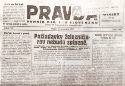  Fotokópia výstrižku z novín Pravda zo 4.novembra 1927, roč.VIII, č. 249. Neúplný pohľad na článok Požiadavky železničiarov nebudú splnené. Anon., nedat. 130 x 89 