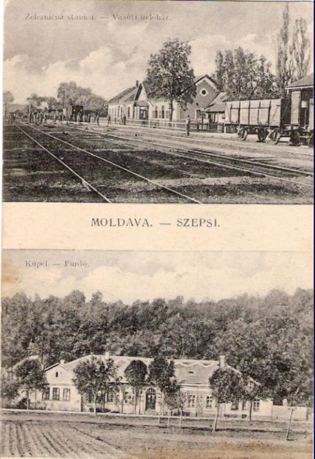  Moldava nad Bodvou - výpravná budova a koľajisko. Nárožný pohľad zo strany koľají od Košíc (?). Vpravo vozeň na uhlie, vľavo posunujúci diel. Súčasť dvojobrazovej pohľadnice. Foto: Anon., cca 1925. 86 x 128 