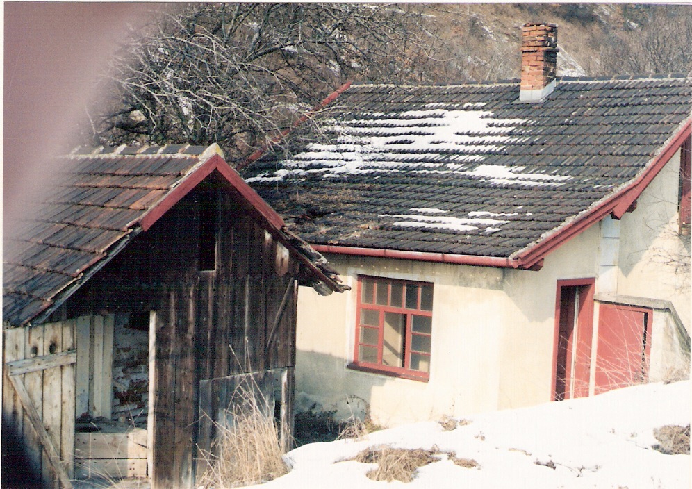  Nové Mesto nad Váhom - Melčice, km 103,95 - obytný a hospdársky objekt. Šikmý pohľad z predstaničného priestoru od Bratislavy. Foto: M. Entner, 26.2.1995. 126 x 89, COLOR 