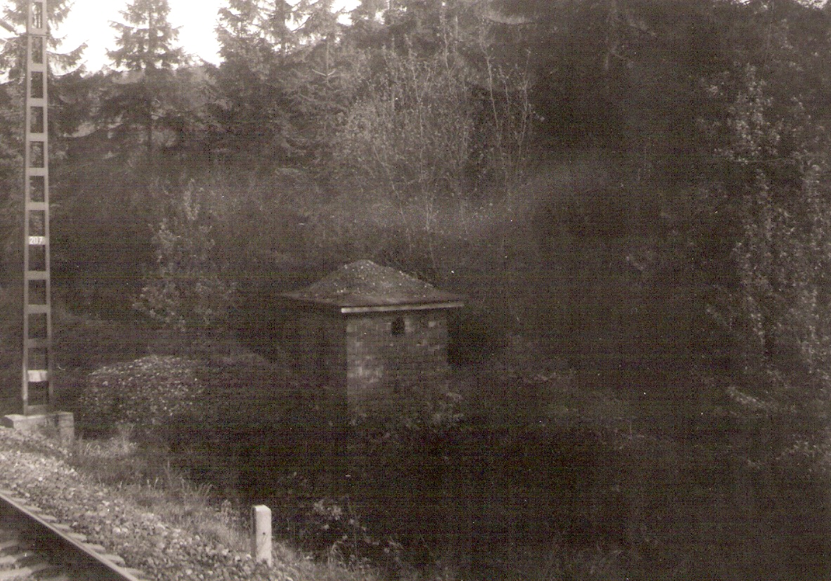  Štrba - Svit, km 214,0 - útulok pre pochôdzkárov. Šikmý pohľad zo strany koľají od Svitu. Foto: J. Kubáček, 13.5.1993. 180 x 120 
