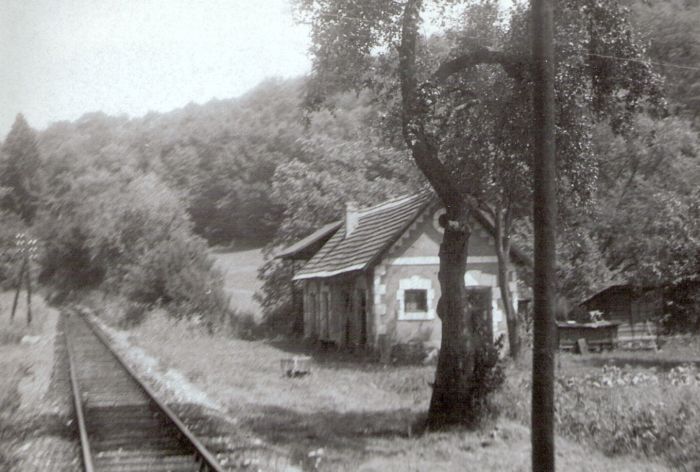  Zlatno - Kokava nad Rimavicou, na zlatnianskej strane tunela - dielenská budova. Šikmý pohľad zo strany koľají od Poltáru. Jednokoľajná trať s telegrafnou tyčou. Foto: J. Kubáček, cca 1995. 177 x 125 