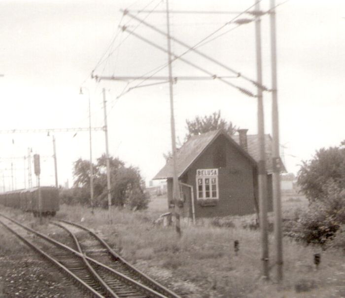  Beluša - stavadlo na žilinskom zhlaví (St 1). Šikmý pohľad zo strany koľají od Žiliny. Pravá časť zhlavia. Foto: J. Kubáček, 13.8.1994. 180 x 120 